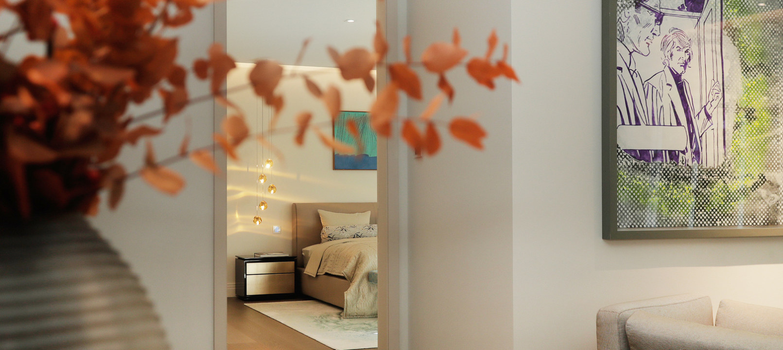 Blick in das Schlafzimmer einer Luxuswohnung bei München