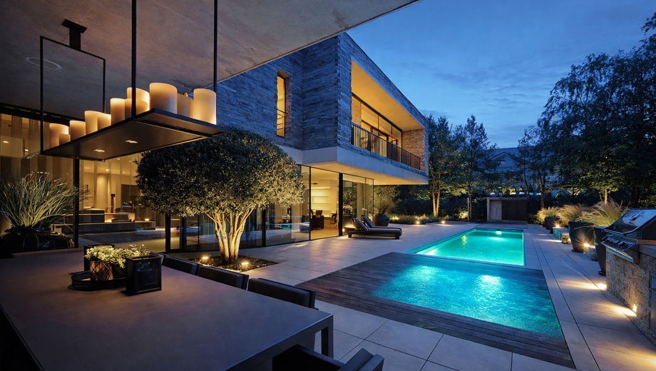 Blue Hour Foto eine r Luxusvilla in München